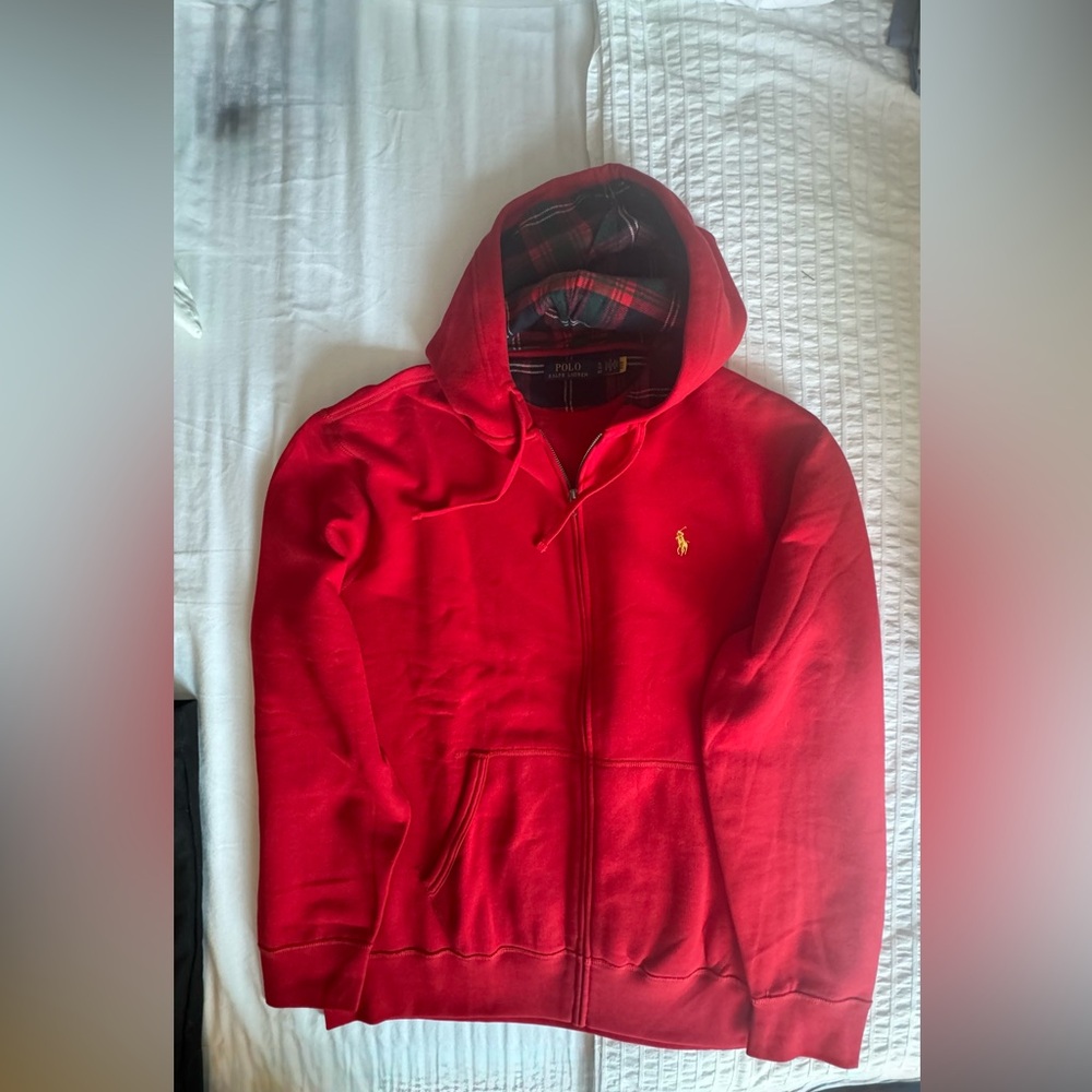 Polo Ralph Lauren Red Hooded Plaid-Lined Sweatshirt